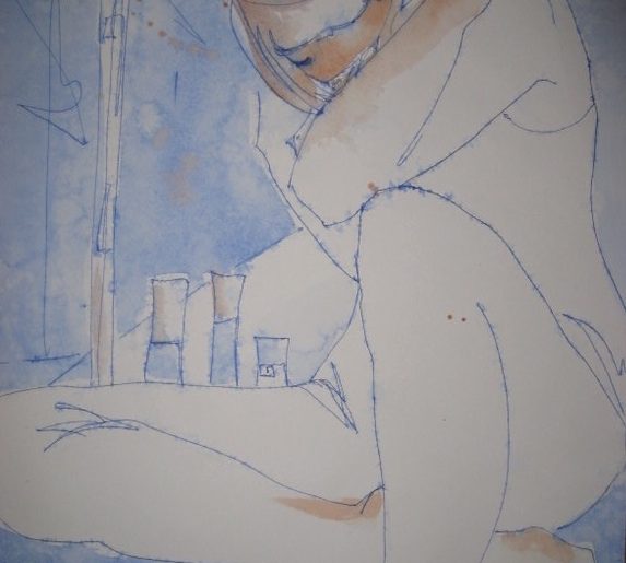 blue ink pen drawing of woman sitting, head down